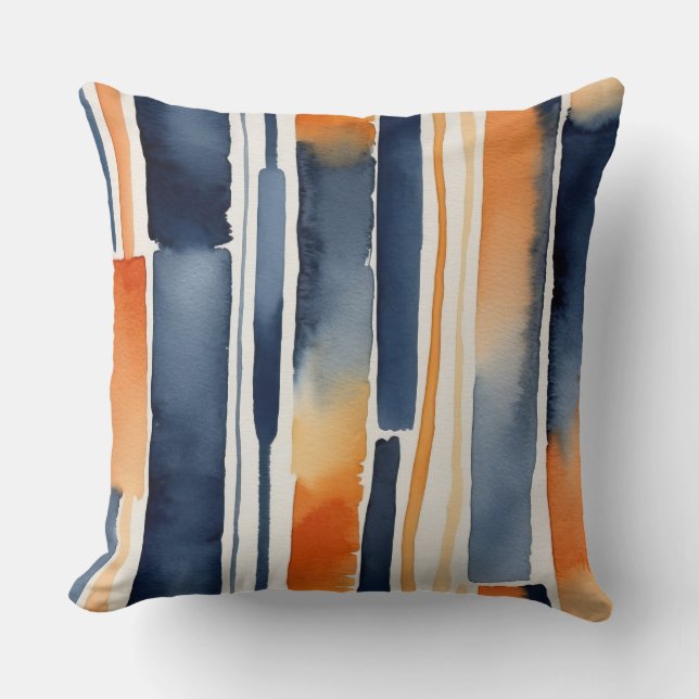 Blue orange and white abstract stripes cushion (Front)
