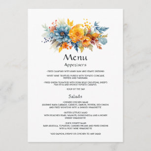 Blue, Orange and Yellow Floral Wedding Menu