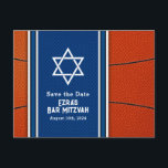 Blue Orange Basketball Bar Mitzvah Save the Date Postcard<br><div class="desc">Basketball themed Bar Mitzvah save the date postcard with a basketball background and blue accents. This basketball Bar Mitzvah save the date postcard is stylish and modern. This basketball themed Bar Mitzvah save the date postcard features an orange basketball texture background with blue jersey look background for the name and...</div>
