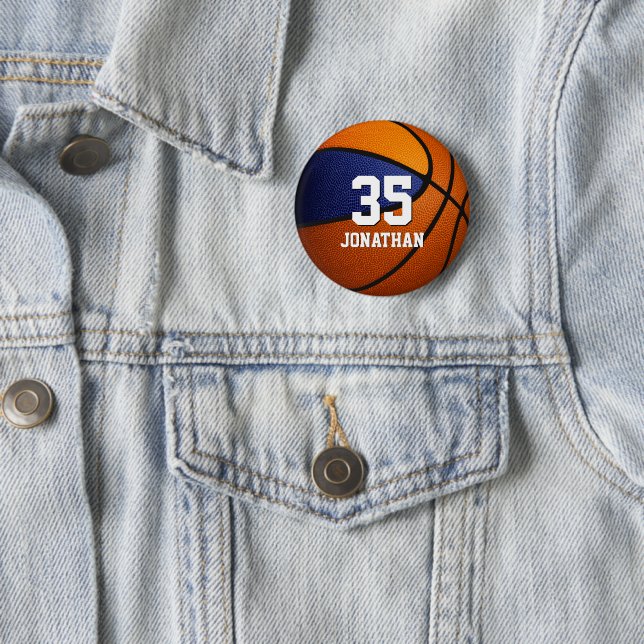 blue orange basketball team colours with boys name 6 cm round badge (In Situ)