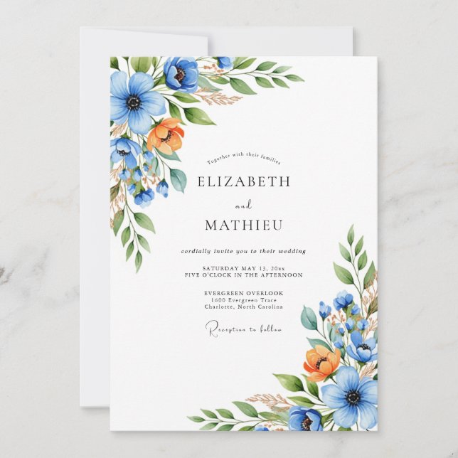 Blue Orange Bloom Wedding Invitation (Front)