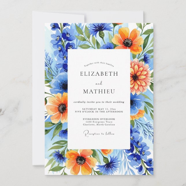 Blue Orange Blooming Botanical Wedding Invitation (Front)