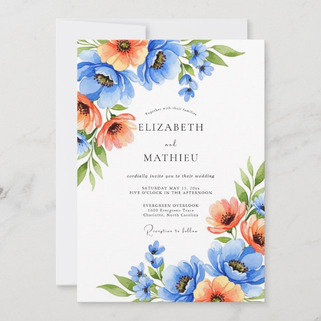 Blue Orange Blooming Romance Wedding Invitation (Front)