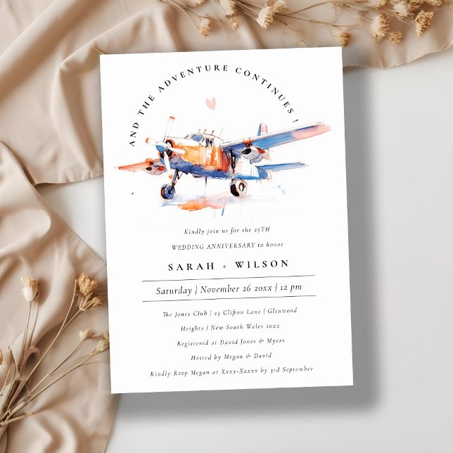 Blue Orange Blush Aeroplane Wedding Anniversary Invitation (Creator Uploaded)