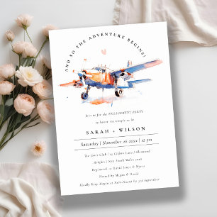 Blue Orange Blush Watercolor Aeroplane Engagement Invitation