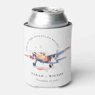 Blue Orange Blush Watercolor Air Plane Wedding Can Cooler