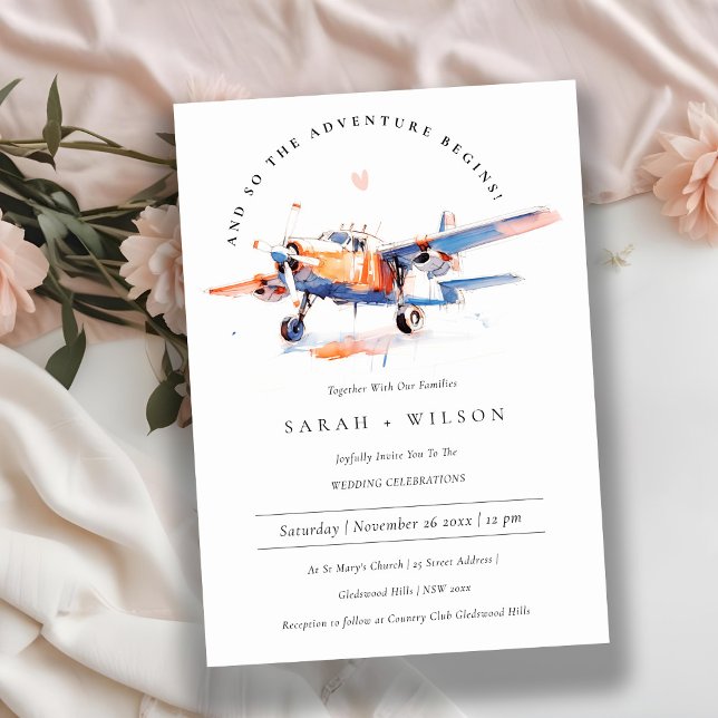 Blue Orange Blush Watercolor Air Plane Wedding Invitation (Creator Uploaded)