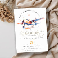 Blue Orange Blush Watercolor Air Plane Wedding