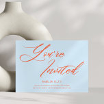 Blue Orange Bold Script 21st Birthday Party Invitation<br><div class="desc">This birthday party invitation features "You're Invited" in a big, sweeping orange script across a soft sky blue background, with the party details in small bold text below. It's a fun, confident look that feels fresh and celebratory. There's room for the guest of honour's name, age, date, location, and RSVP...</div>