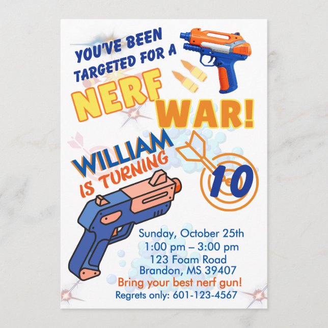Blue Orange Boys BD Party- Nerf War 10th Birthday Invitation (Front)