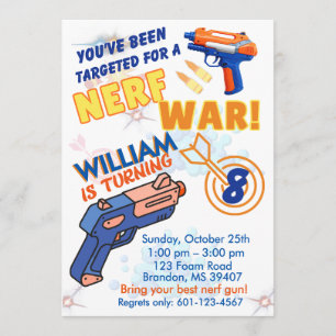 Blue Orange Boys BD Party- Nerf War 8th Birthday Invitation