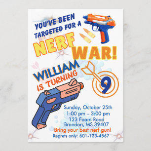 Blue Orange Boys BD Party- Nerf War 9th Birthday Invitation