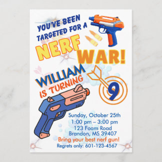 Blue Orange Boys BD Party- Nerf War 9th Birthday Invitation