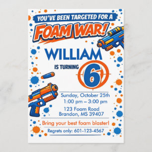 Blue Orange Boys Party- Foam Blaster 6th Birthday Invitation