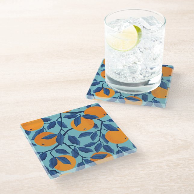 Blue Orange Branch Pattern Glass Coaster (Angled)
