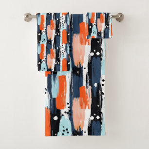 Blue Orange Brushstrokes Abstract Pattern Bath Towel Set