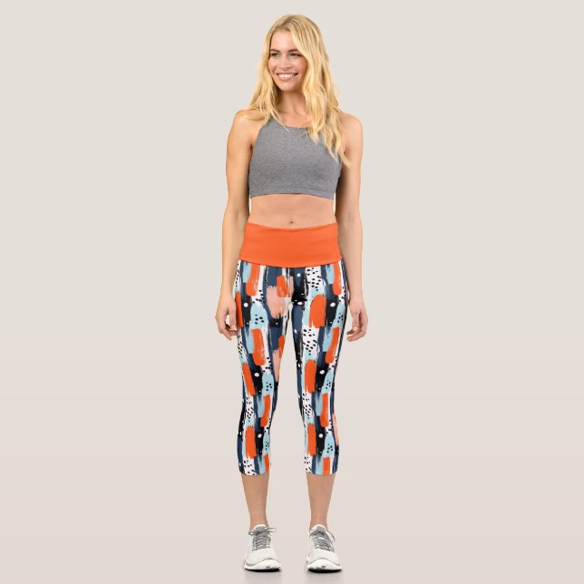 Blue Orange Brushstrokes Abstract Pattern Capri Leggings (Front)