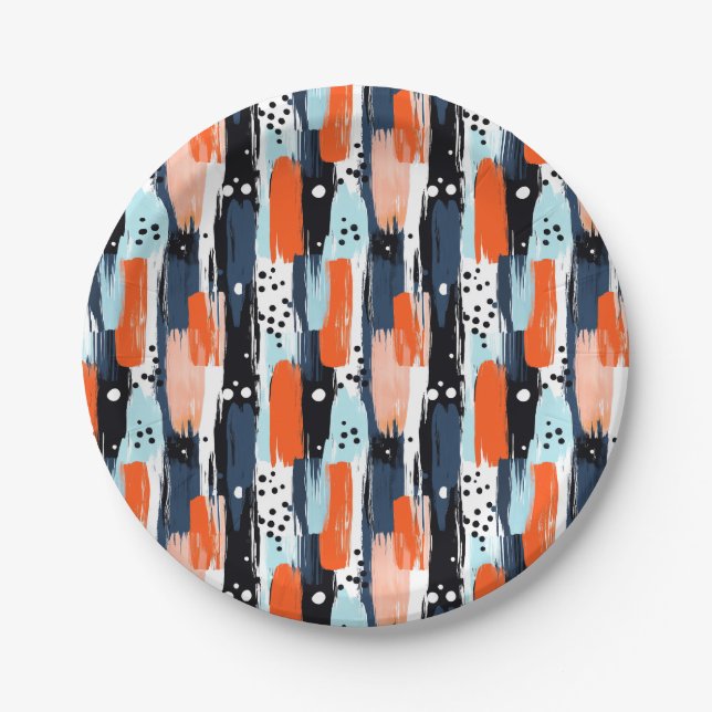 Blue Orange Brushstrokes Abstract Pattern Paper Plate (Front)