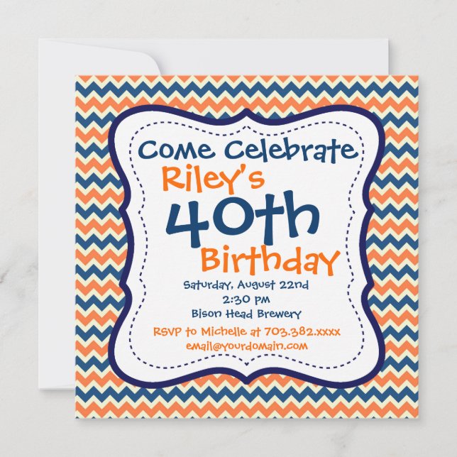 Blue Orange Chevron 40th Birthday Party Invitation (Front)