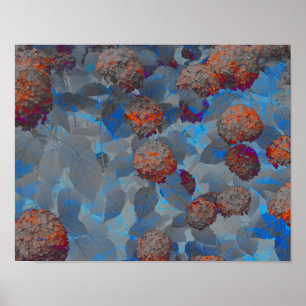 Blue orange color flower pattern digital art poster