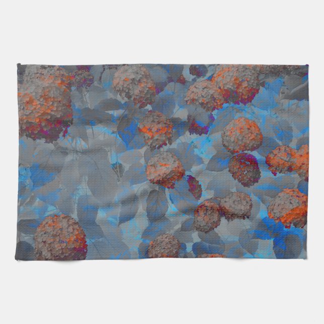 Blue orange colour flower pattern digital art tea towel (Horizontal)