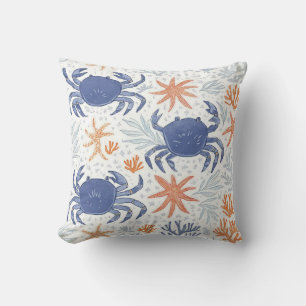 Blue & Orange Crab & Starfish Beach Cottage Cushion