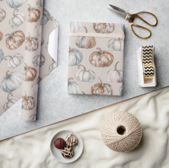 Blue Orange Cream Fall Pumpkins Wrapping Paper (Crafts)