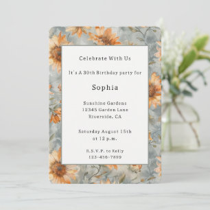 Blue Orange Cream Flowers Birthday Invitation