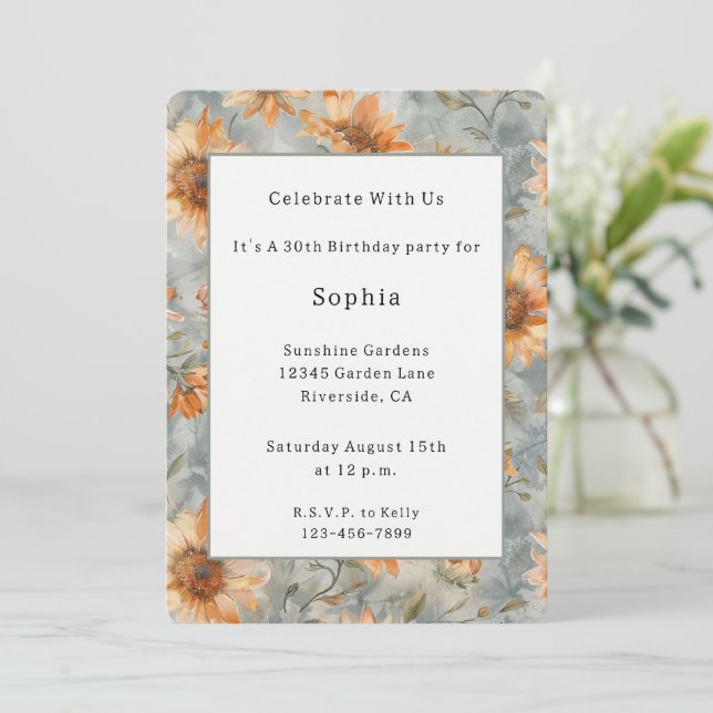 Blue Orange Cream Flowers Birthday  Invitation (Standing Front)