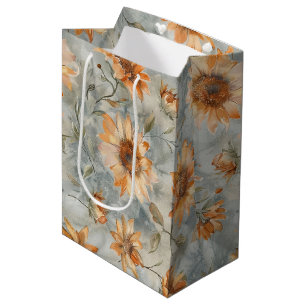 Blue Orange Cream Flowers Bridal Shower Medium Gift Bag