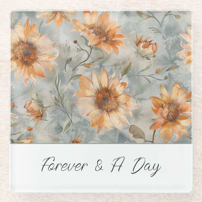 Blue Orange Cream Flowers Forever Glass Coaster (Front)