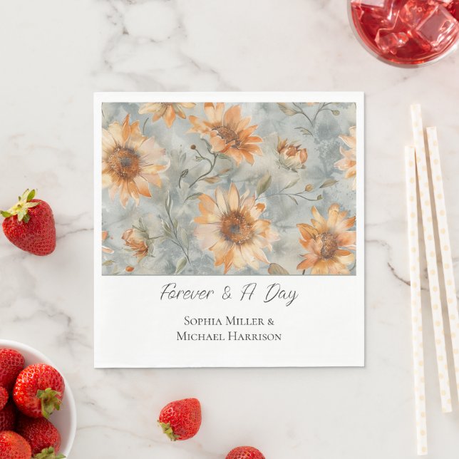 Blue Orange Cream Flowers Wedding Napkin (Insitu)