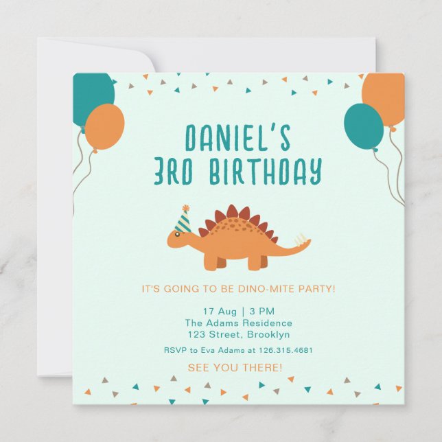 Blue Orange Cute Dinosaur Birthday Party Invitation (Front)