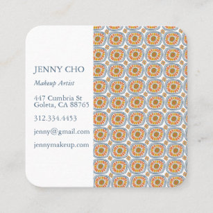 Blue Orange Daisy Retro Tiles Geometric Square Business Card