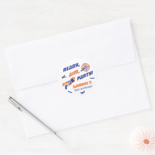 Blue, Orange Dart War Birthday Party, Any Age Classic Round Sticker
