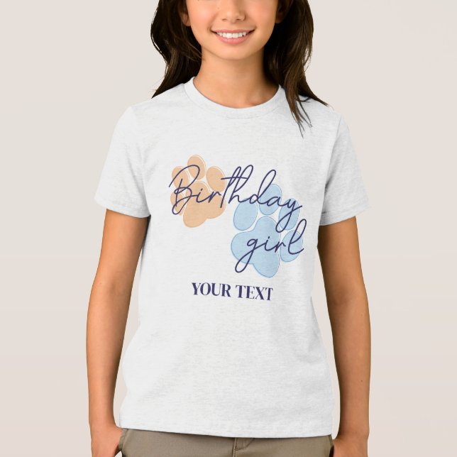 Blue Orange Dog Paw Print Birthday Girl Party Tri-Blend Shirt (Front)