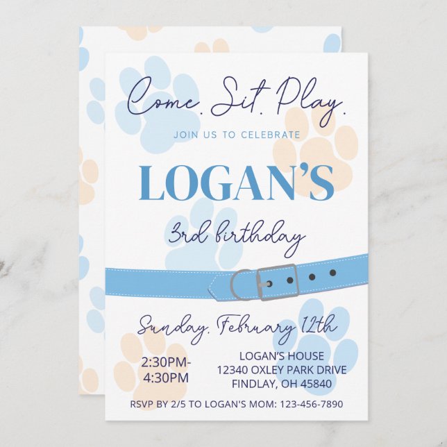 Blue Orange Dog Paw Print Birthday Party Any Age Invitation (Front/Back)