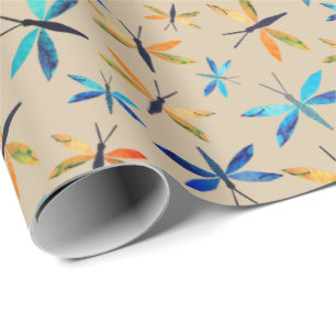 Blue Orange Dragonflies Taupe Hand-Drawn Dragonfly Wrapping Paper