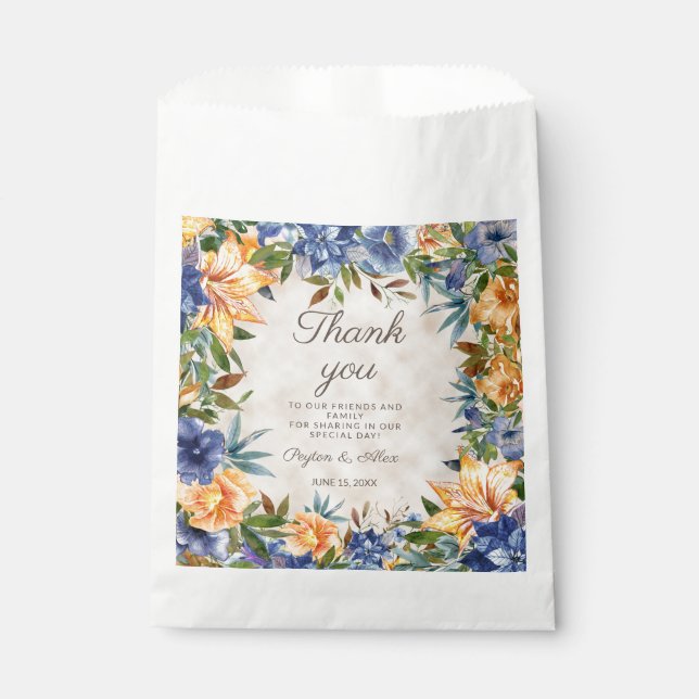 Blue Orange Fall Autumn Floral Wedding Favour Bags (Front)