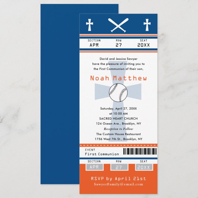 Blue Orange First Communion Baseball Ticket Invitation (Front/Back)