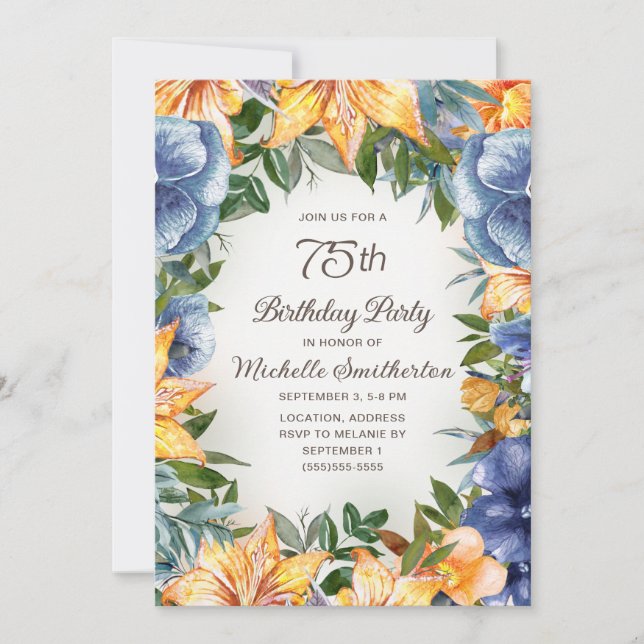 Blue Orange Floral 75th Birthday Invitation (Front)