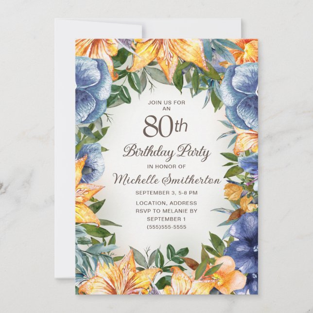 Blue Orange Floral 80th Birthday Invitation (Front)