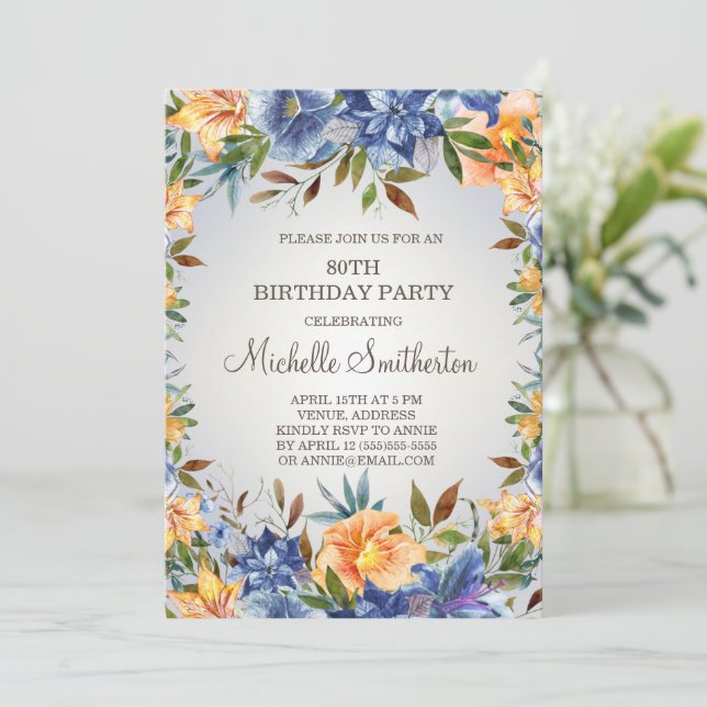 Blue Orange Floral 80th Birthday  Invitation (Standing Front)