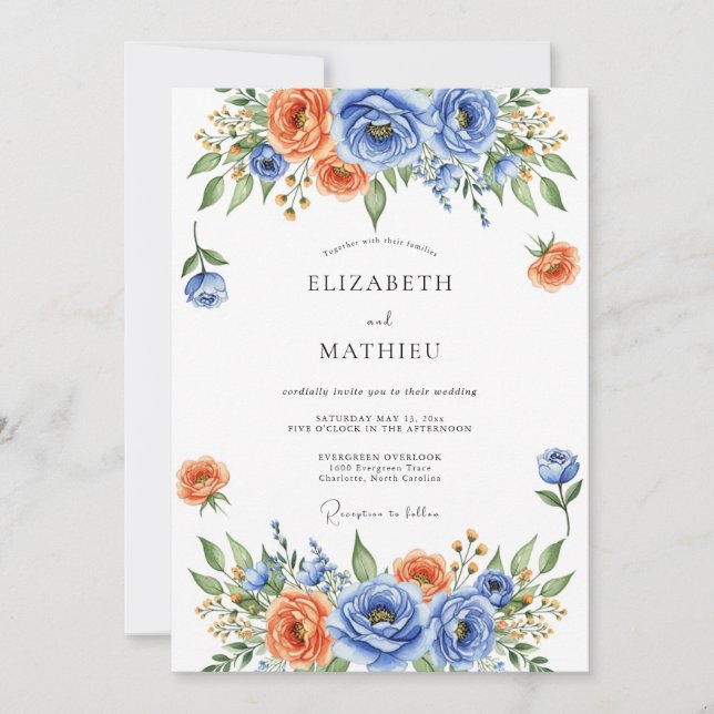 Blue Orange Floral Bloom Wedding Invitation (Front)