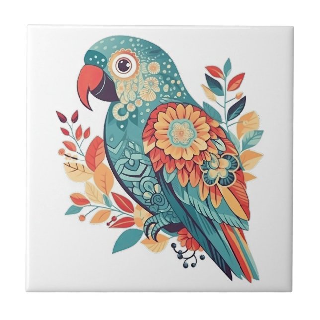 Blue Orange Floral Boho Parrot Folk Art Tile (Front)