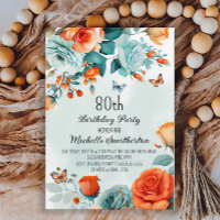 Blue Orange Floral Butterflies 80th Birthday