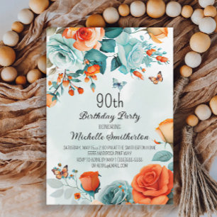 Blue Orange Floral Butterflies 90th Birthday Invitation