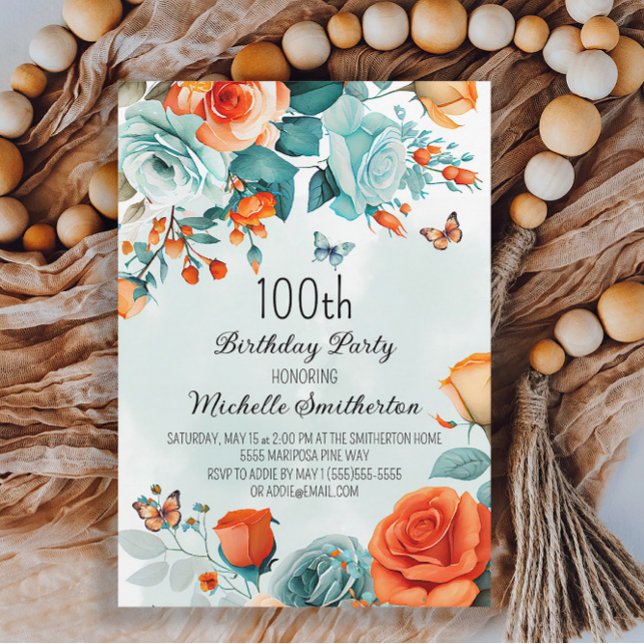 Blue Orange Floral Butterflies Birthday Invitation (Creator Uploaded)