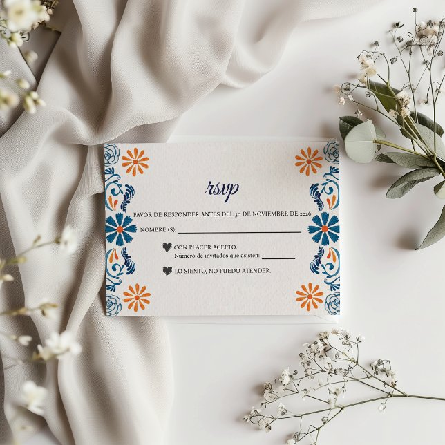 Blue Orange Floral Elegant Fiesta Spanish Wedding RSVP Card (Blue Orange Floral Elegant Fiesta Spanish Wedding RSVP Card)