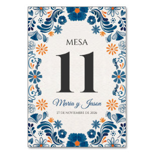 Blue Orange Floral Elegant Fiesta Spanish Wedding Table Number
